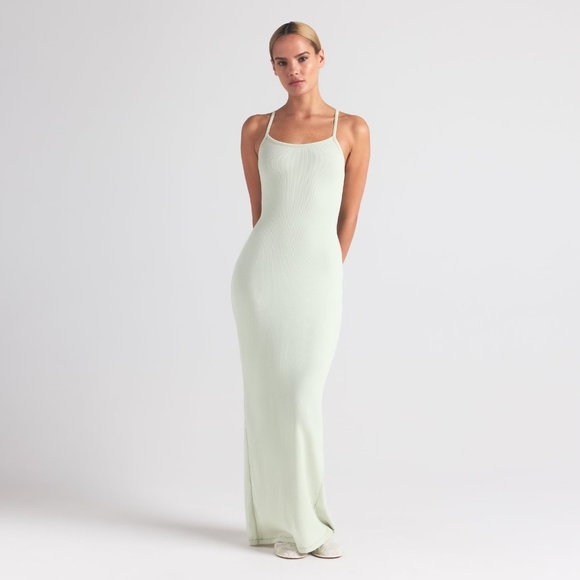 Skims Cotton Rib Long Cami Dress in Spearmint, Size X-Small - Picture 1 of 9